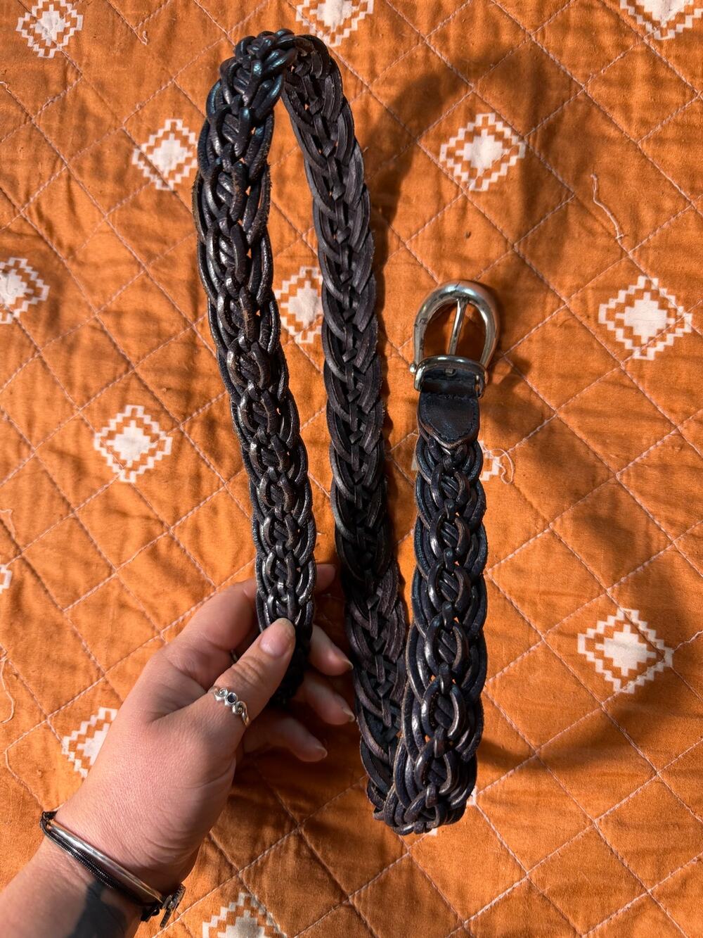 Genuine Leather Braided Belt Black Size M 35” Boho Western Woven